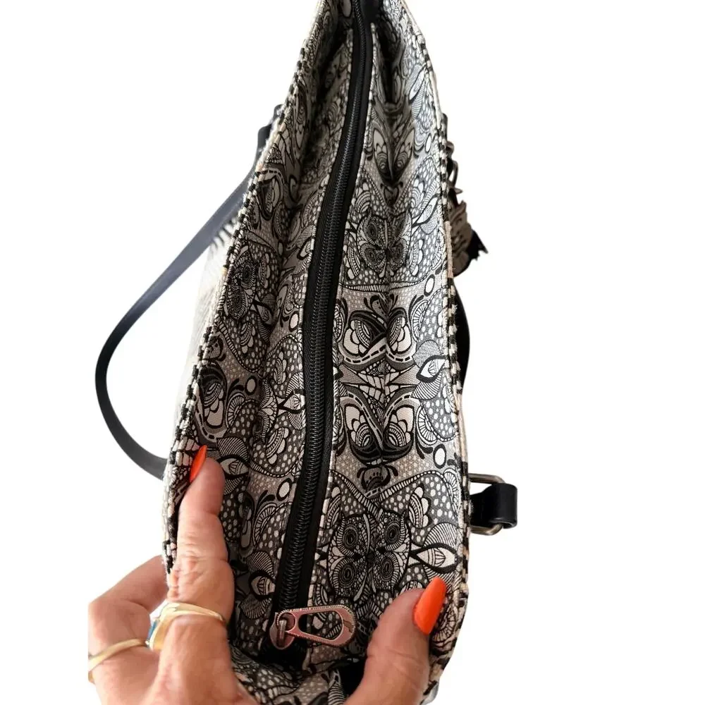Sakroots Metro Woven Tote Black White Soulful Desert Owl Charm Shoulder Bag